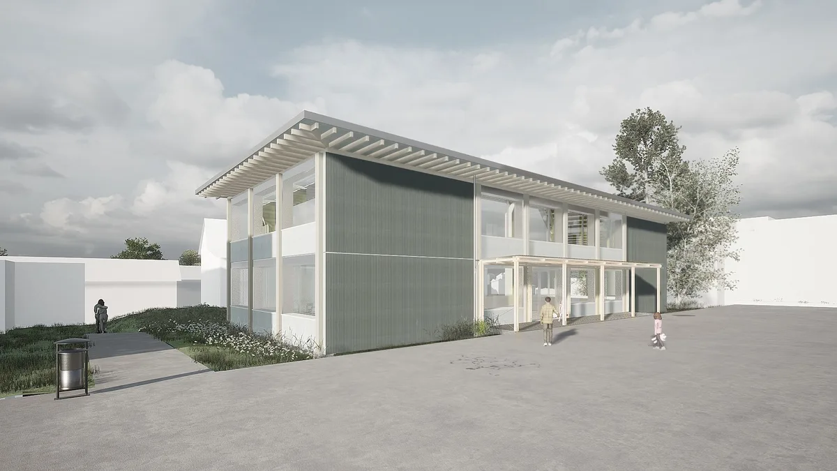 Eine Animation eines Holzmodulbaus für ein Schulhaus.